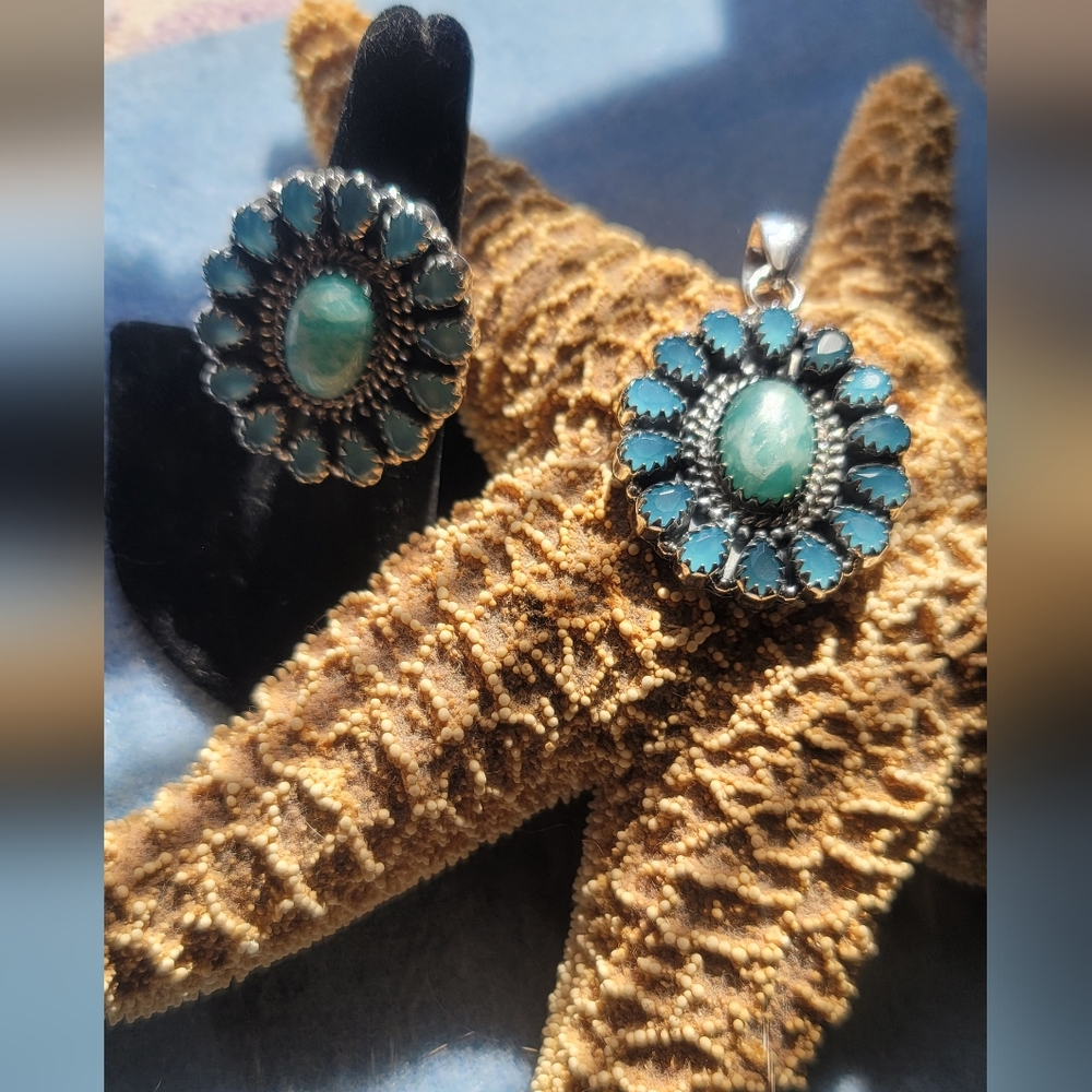 Amazonite & Aqua Calcedony Cluster Ring & Pendant Set